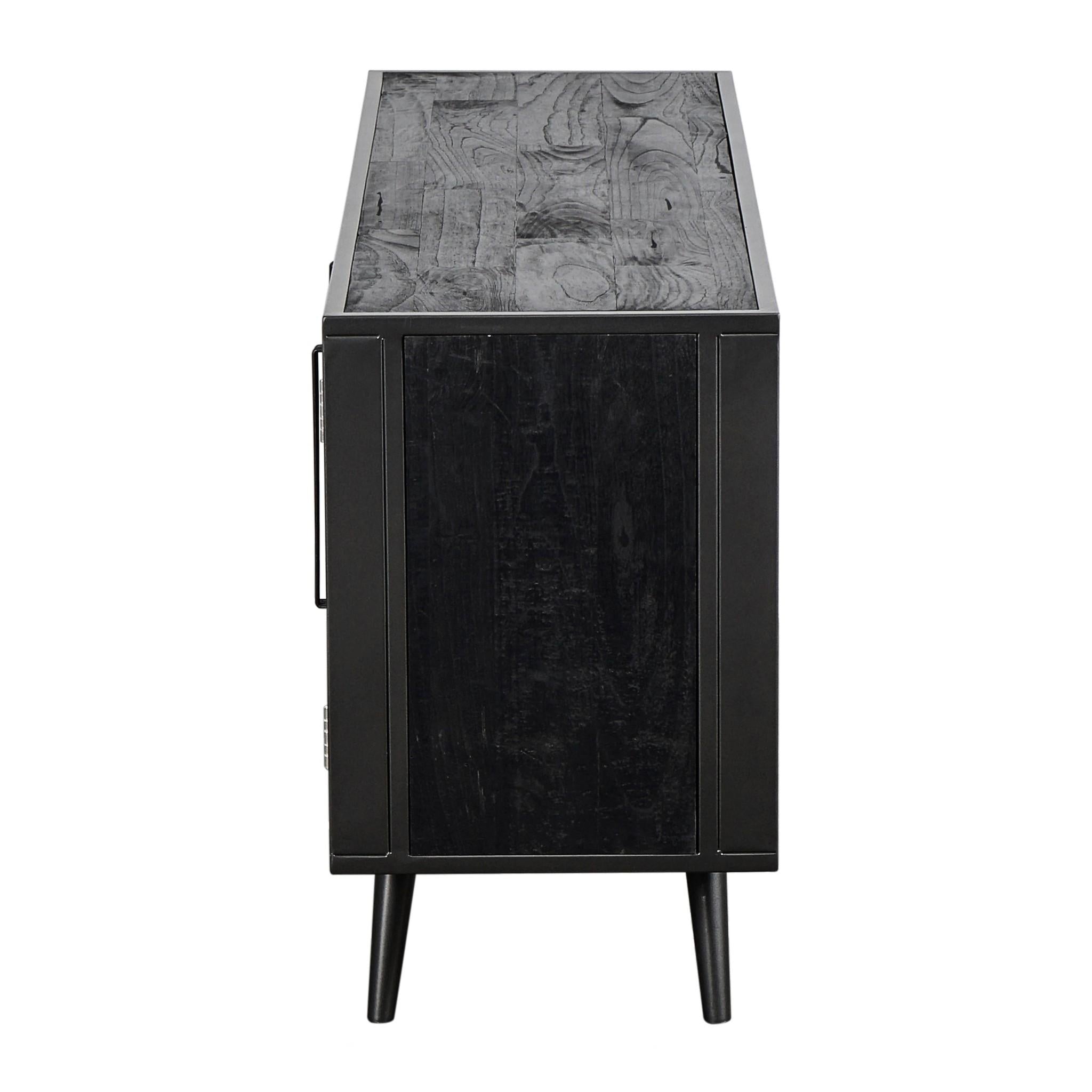 Rustic Black and Rattan Media Cabinet with Three Doors