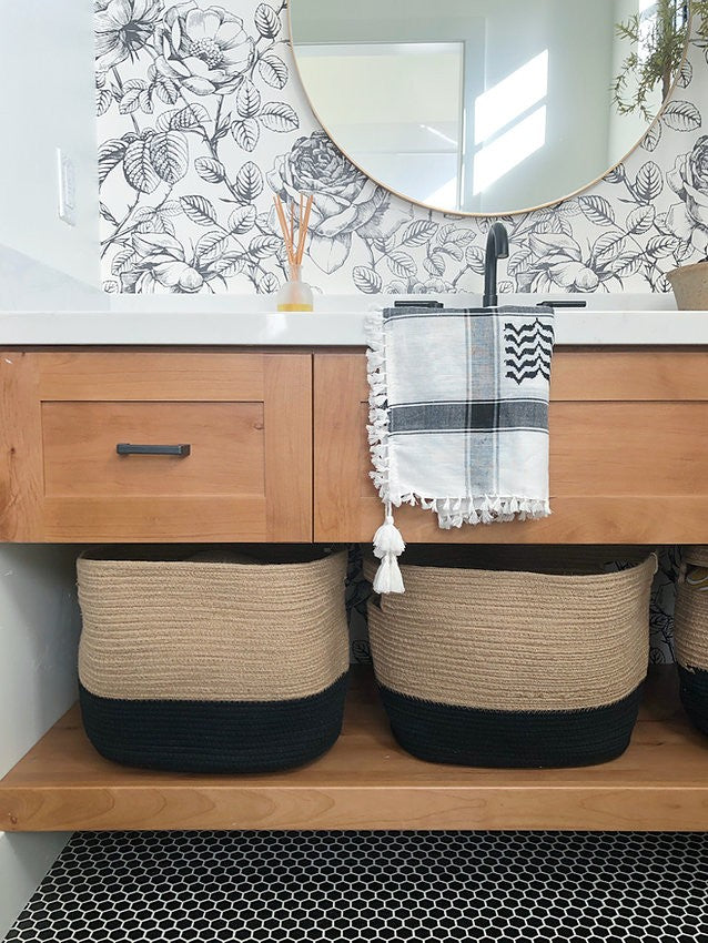 Set of Two Black and Natural Jute Rope Cubby Baskets