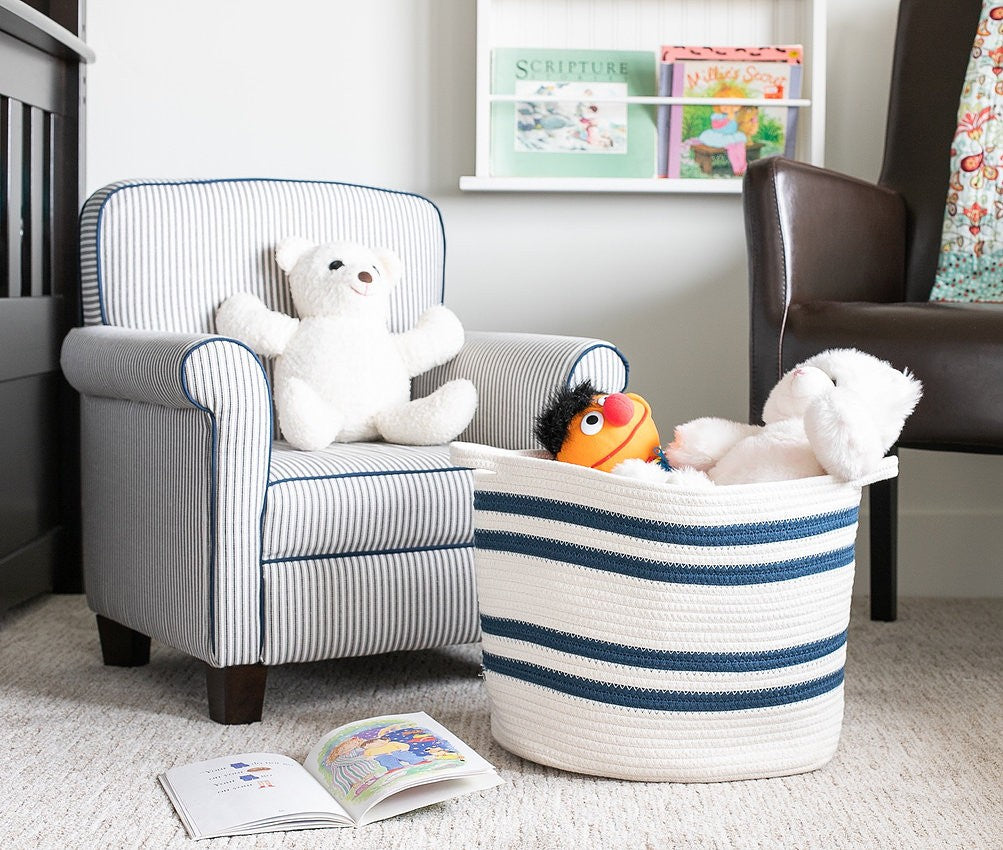 Set of Two Navy and White Stripe Cotton Rope Cubby Baskets