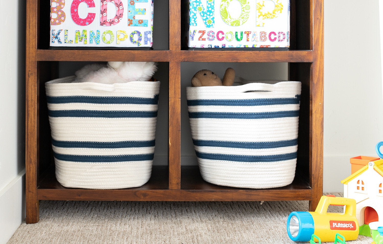 Set of Two Navy and White Stripe Cotton Rope Cubby Baskets