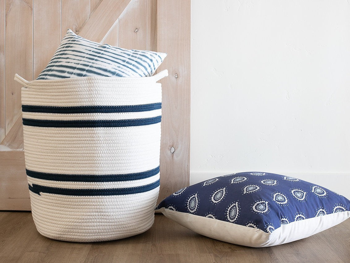 19" Ivory and Navy Stripe Cotton Woven Rope Basket Default Title