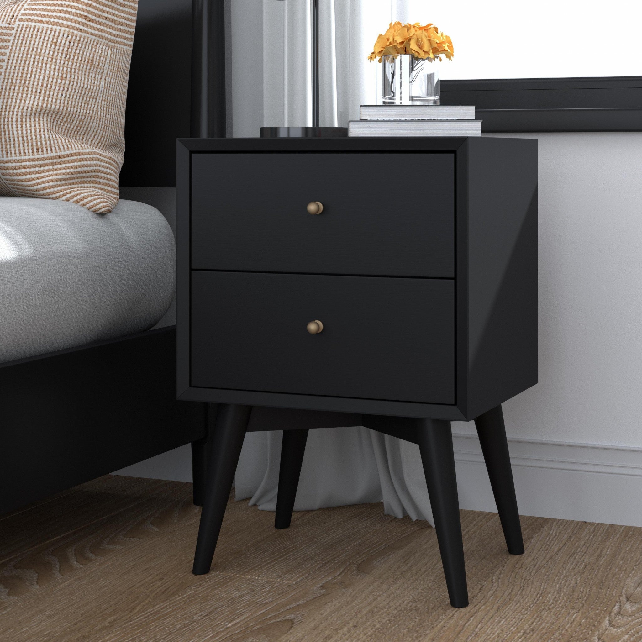 Black Century Modern Wood 2 Drawer Nightstand