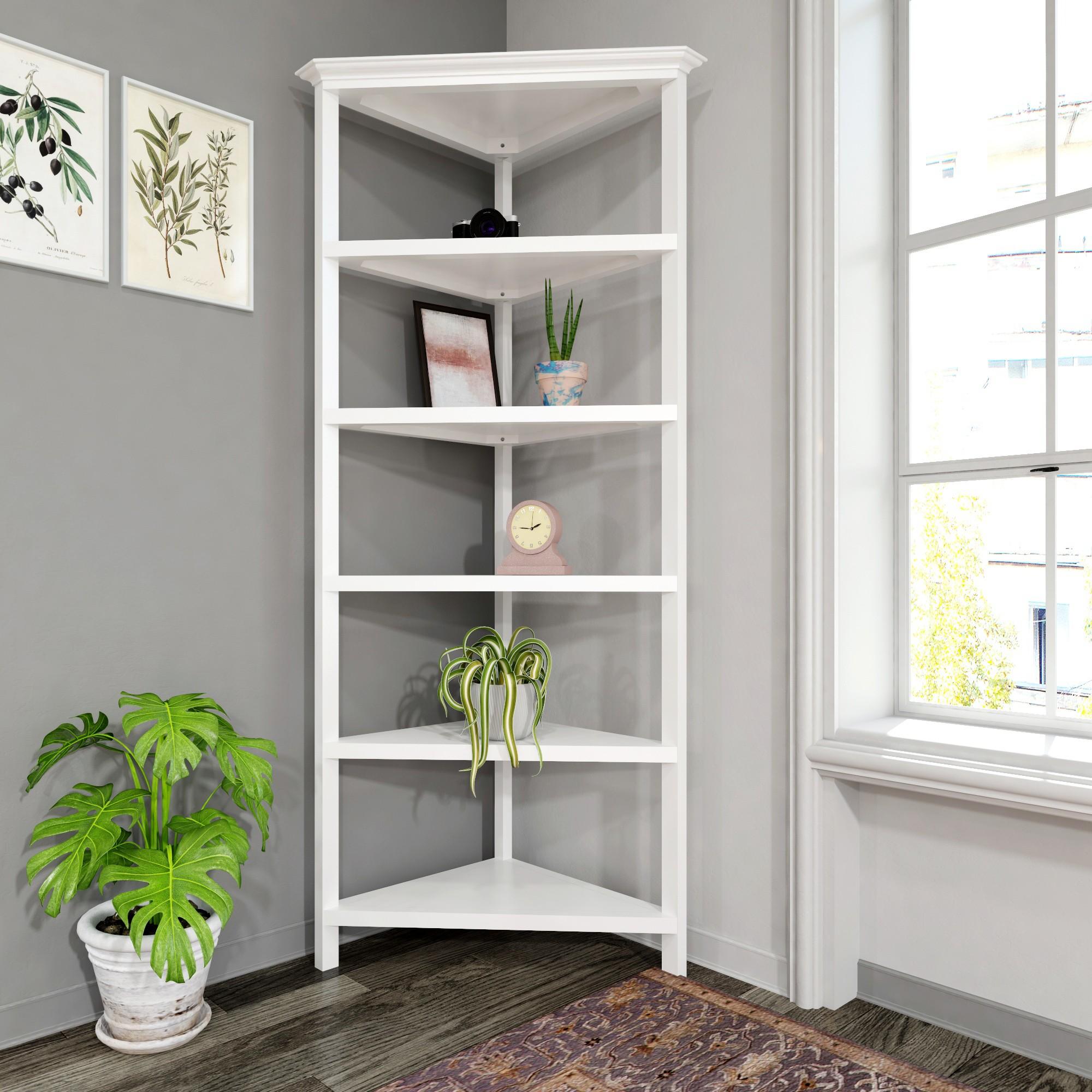 White Five Tier Solid Wood Corner Bookcase