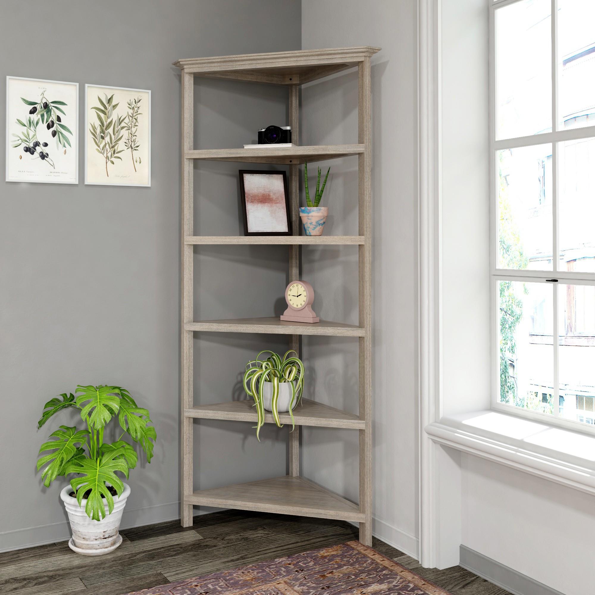 Gray Five Tier Solid Wood Corner Bookcase