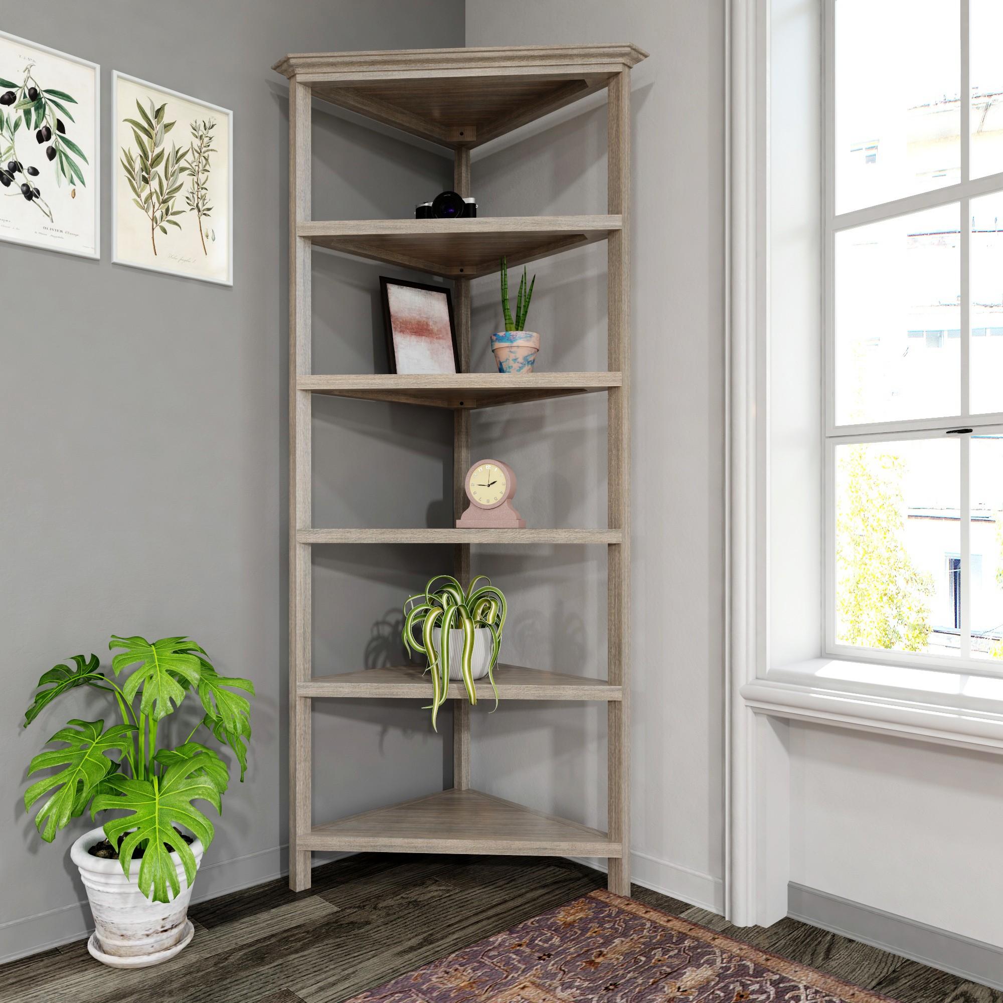 Gray Five Tier Solid Wood Corner Bookcase