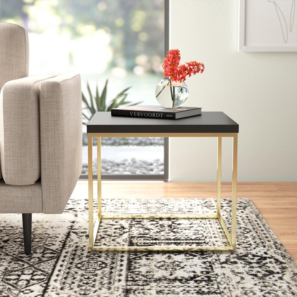 Modern Black Gloss and Matte Gold Cube Side Table