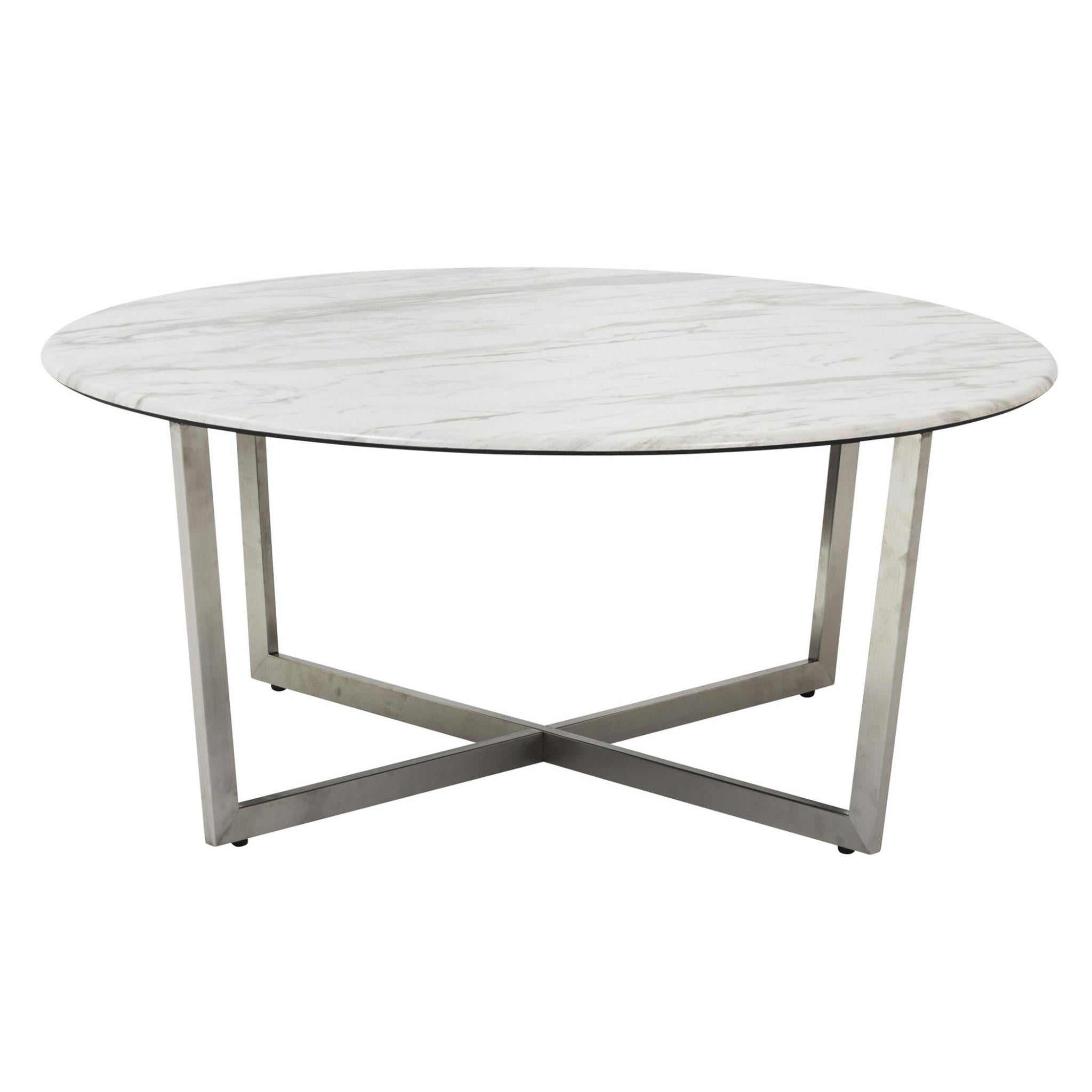 White on Stainless Faux Marble Round Coffee Table