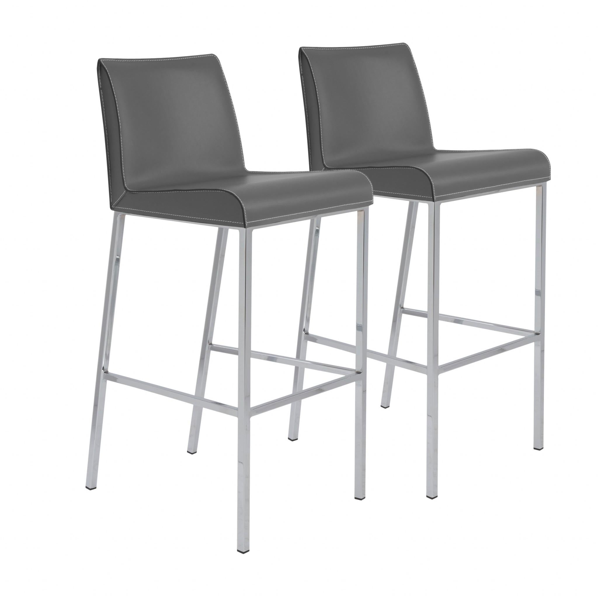 Set of Two Gray Leather and Steel Bar Stools