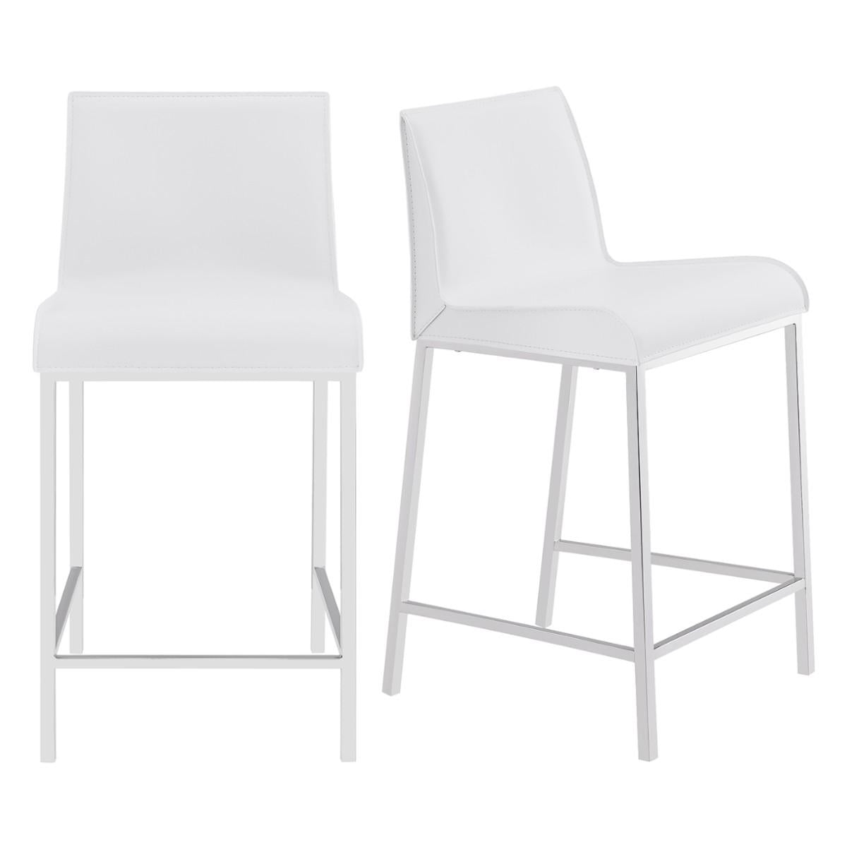 Set of Two White Leather and Steel Counter Stools