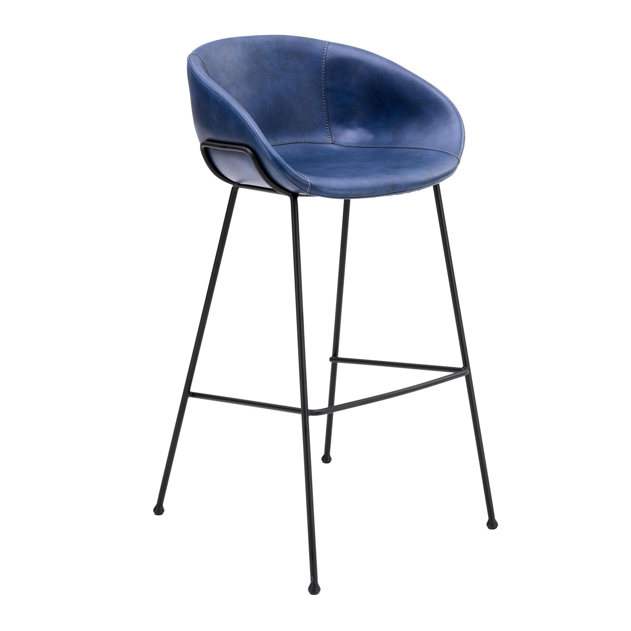 Set of Two Blue Faux Leather and Chrome Scoop Bar Stools