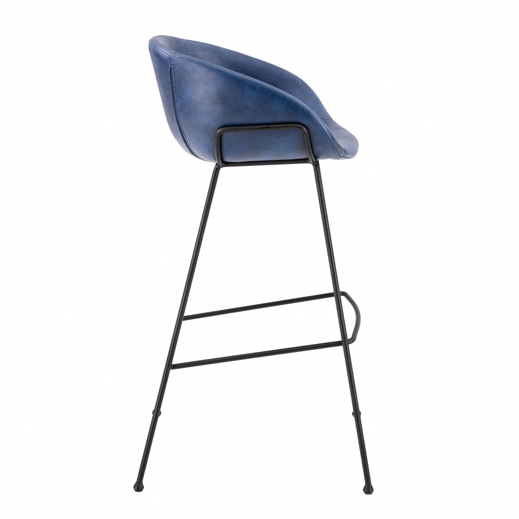 Set of Two Blue Faux Leather and Chrome Scoop Bar Stools