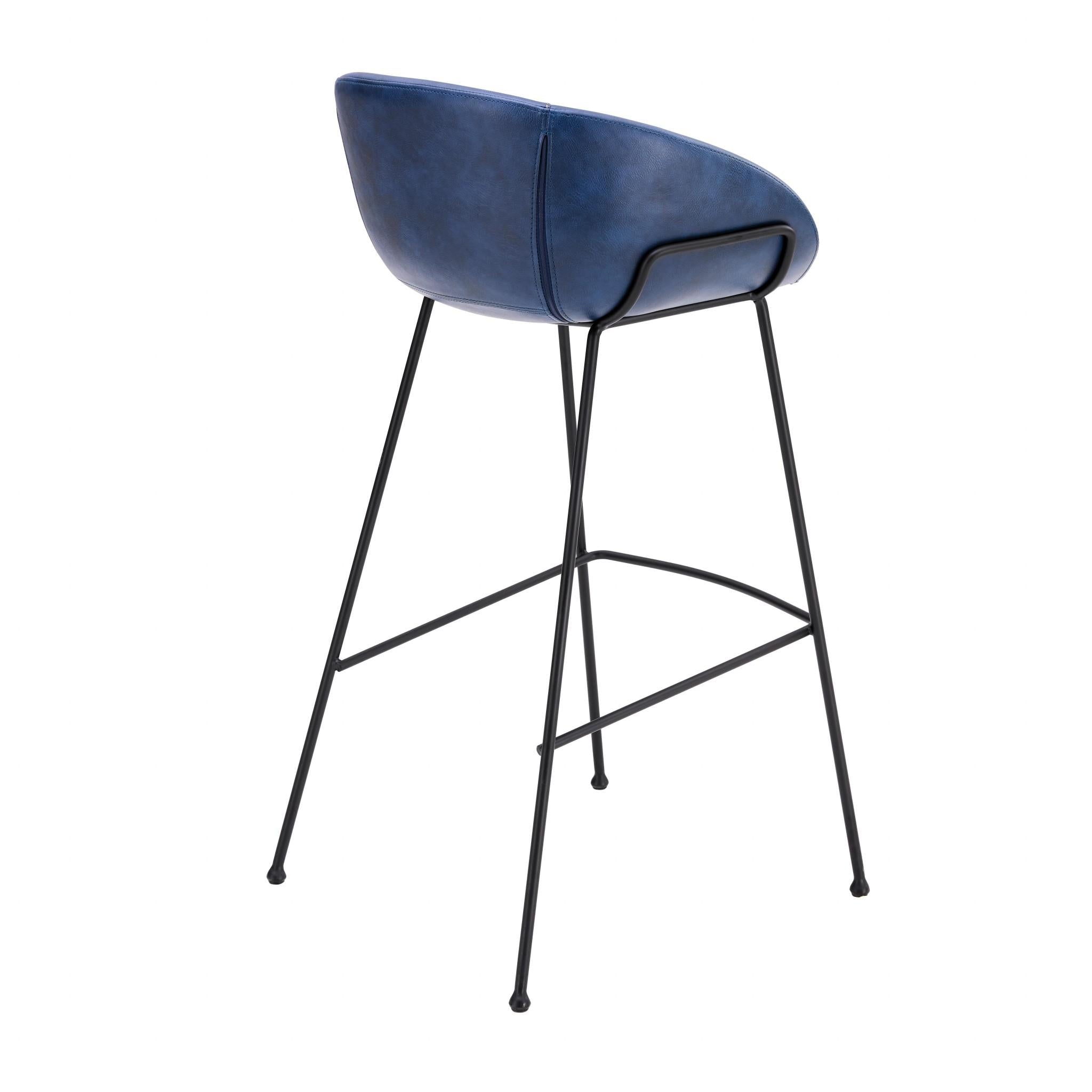 Set of Two Blue Faux Leather and Chrome Scoop Bar Stools