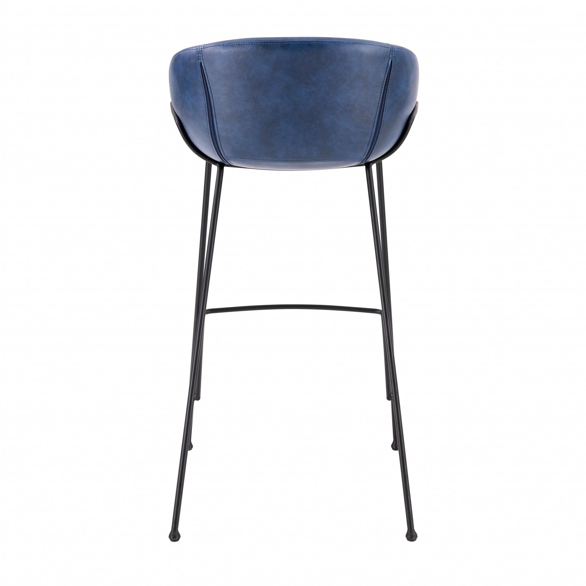 Set of Two Blue Faux Leather and Chrome Scoop Bar Stools