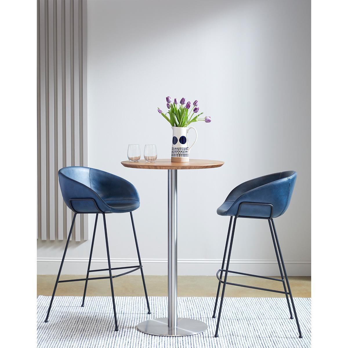 Set of Two Blue Faux Leather and Chrome Scoop Bar Stools