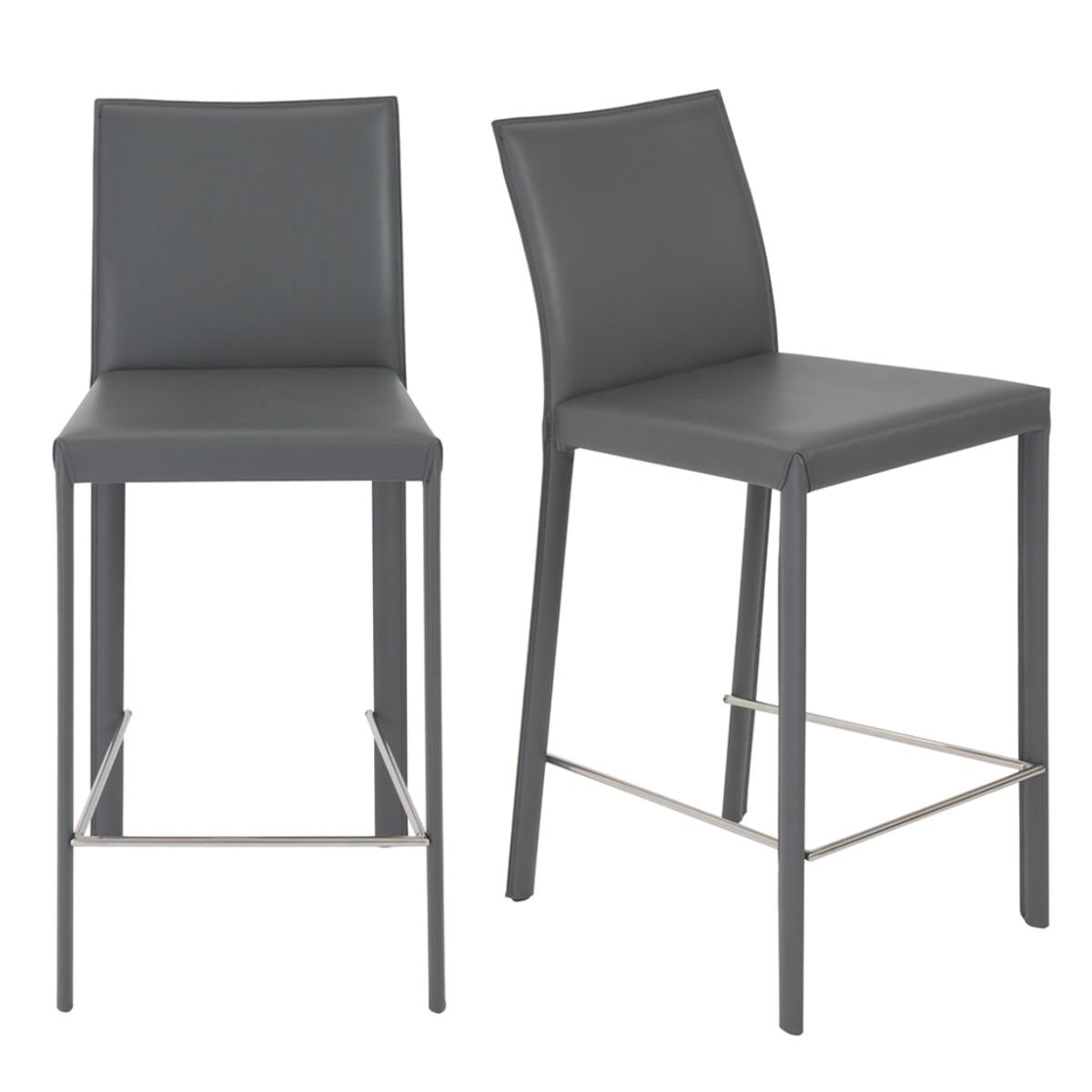 Set of Two Full Gray Faux Leather Counter Stools