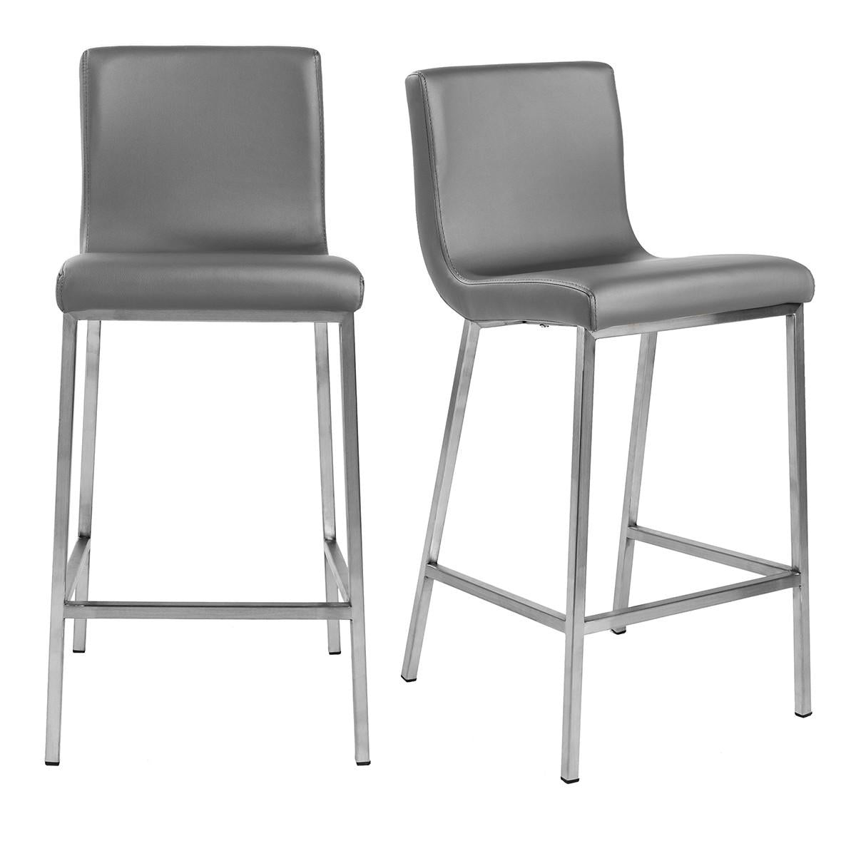 Set of Two Gray Faux Leather and Steel Counter Stools