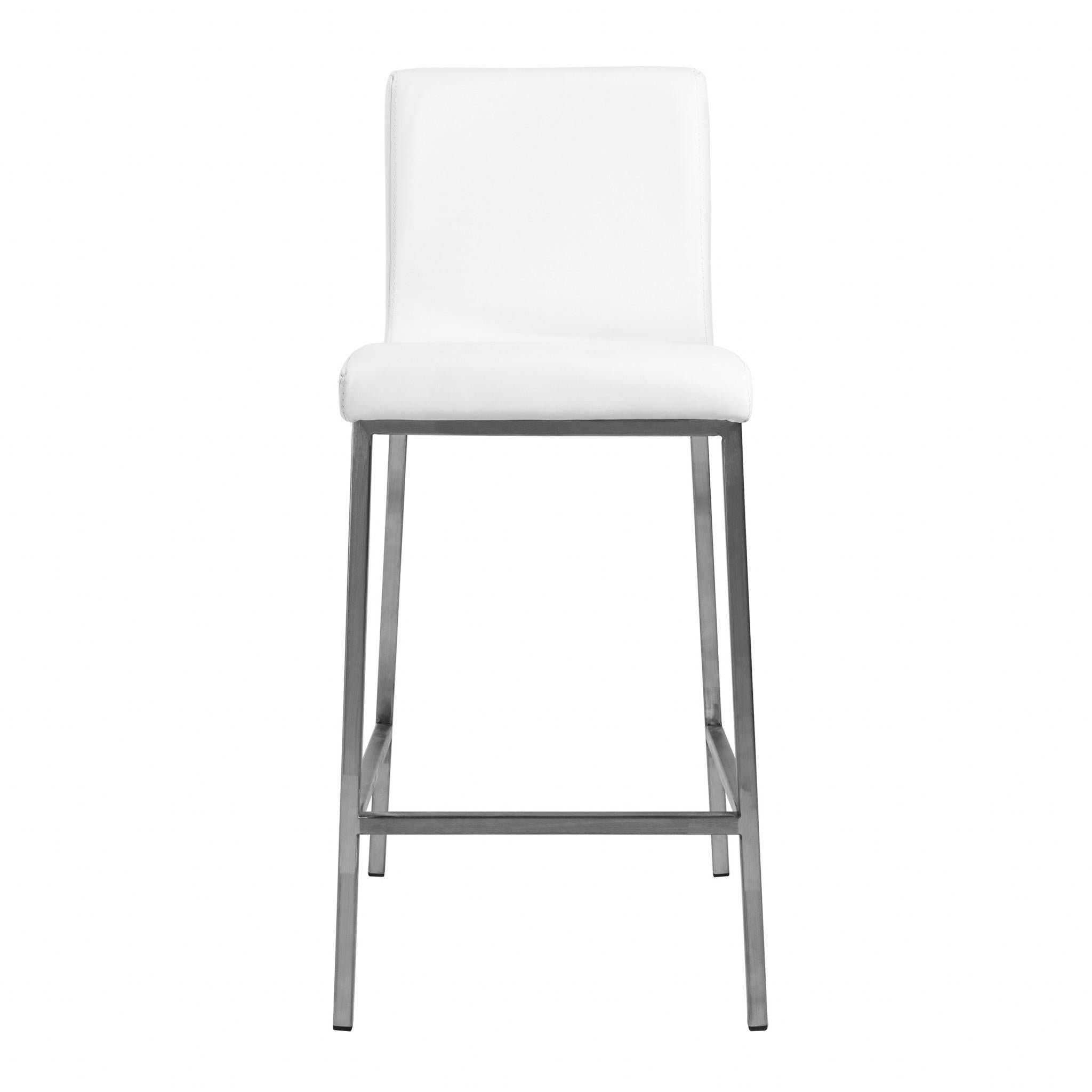 Set of Two White Faux Leather and Steel Counter Stools