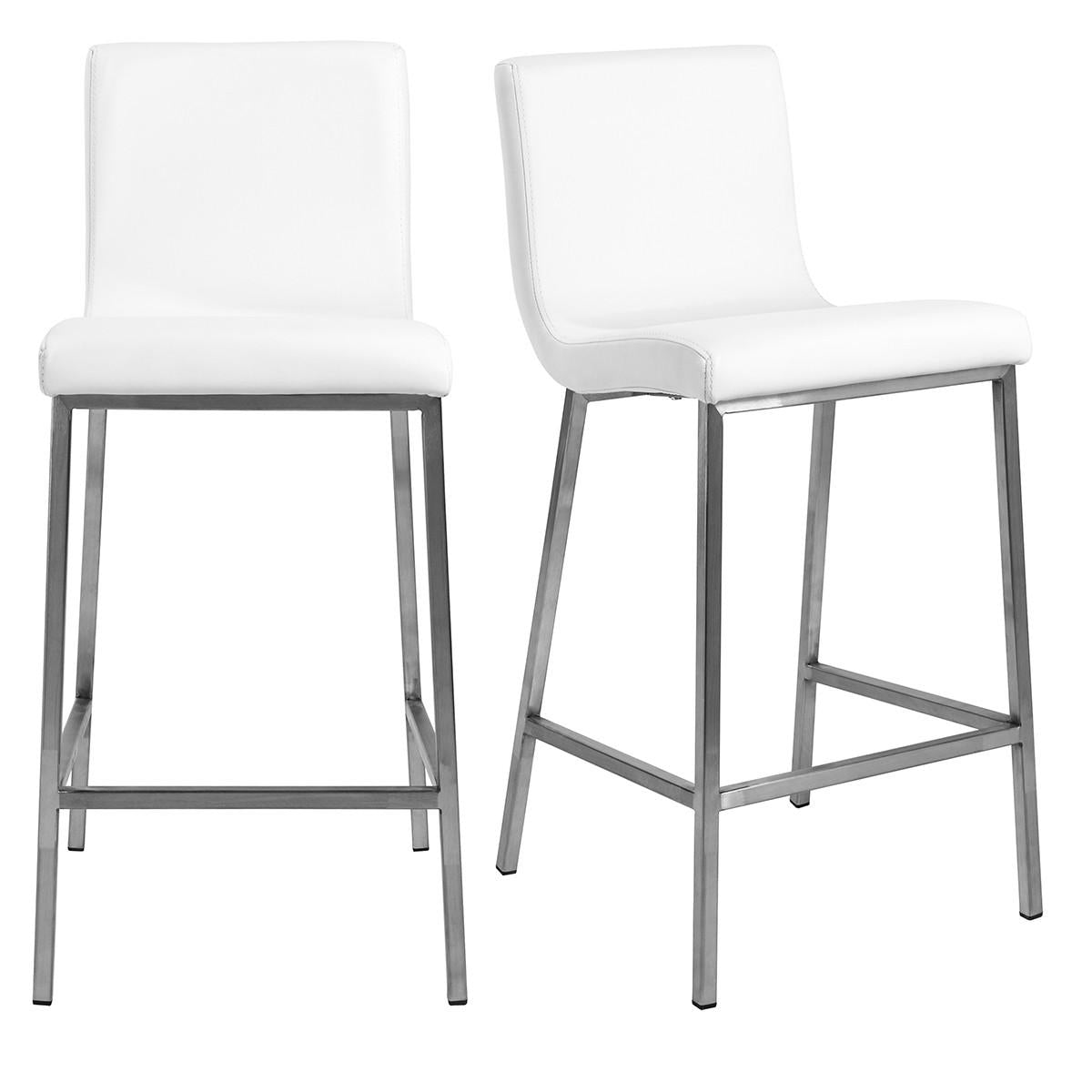 Set of Two White Faux Leather and Steel Counter Stools