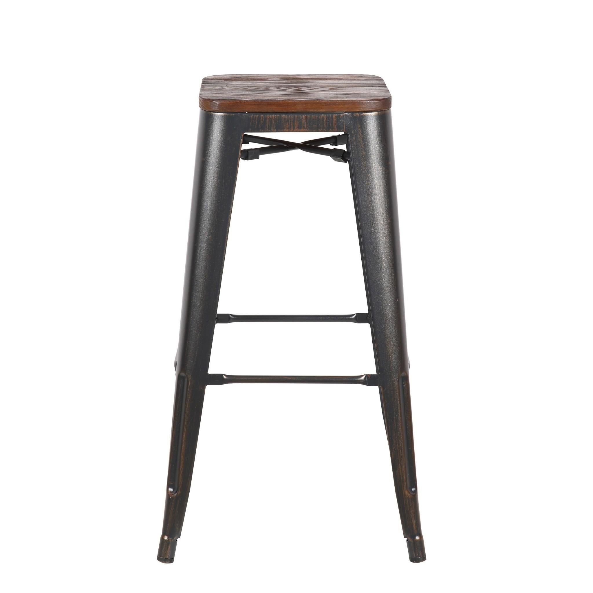 Set of Four Rustic Cafe Wood and Steel Bar Stools