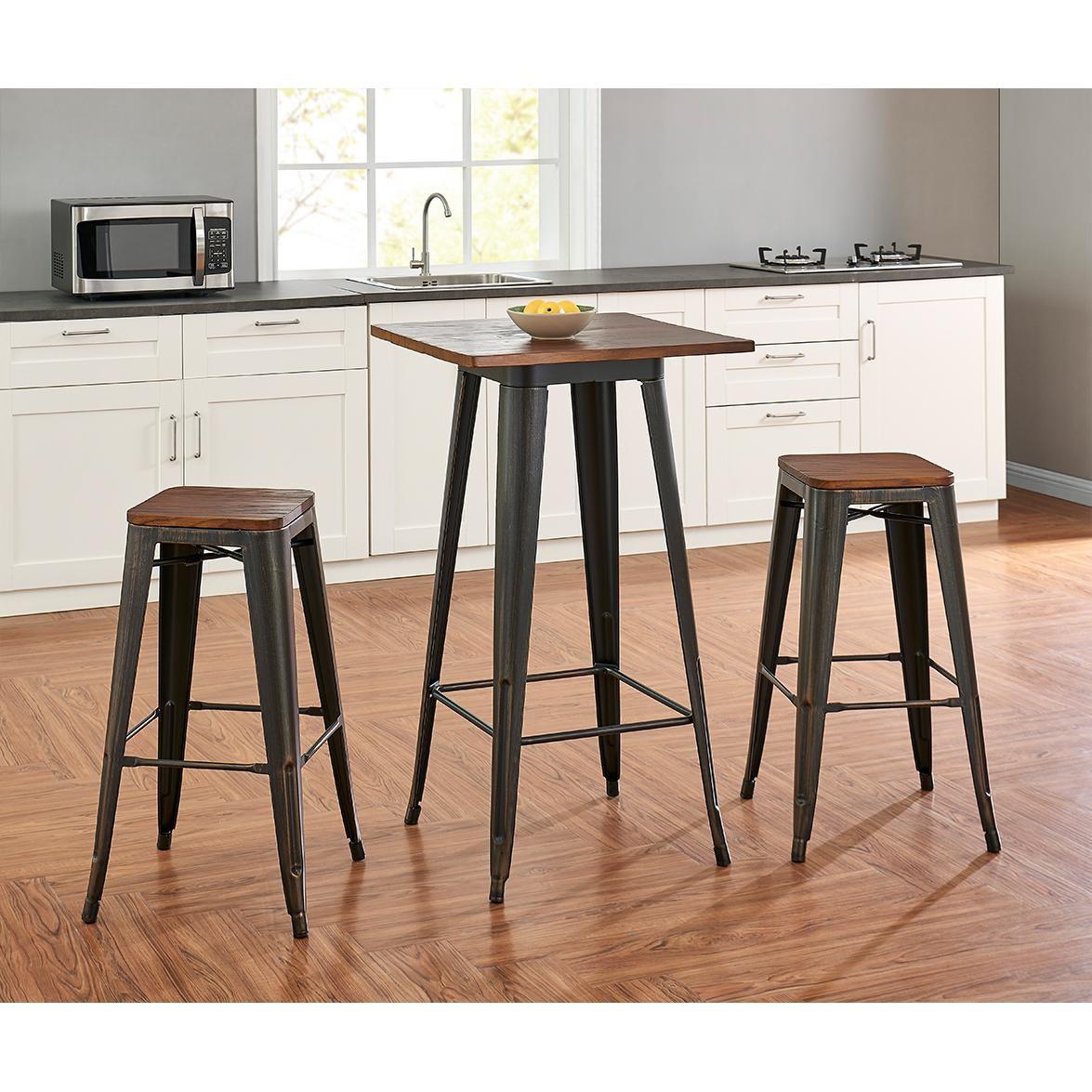 Set of Four Rustic Cafe Wood and Steel Bar Stools