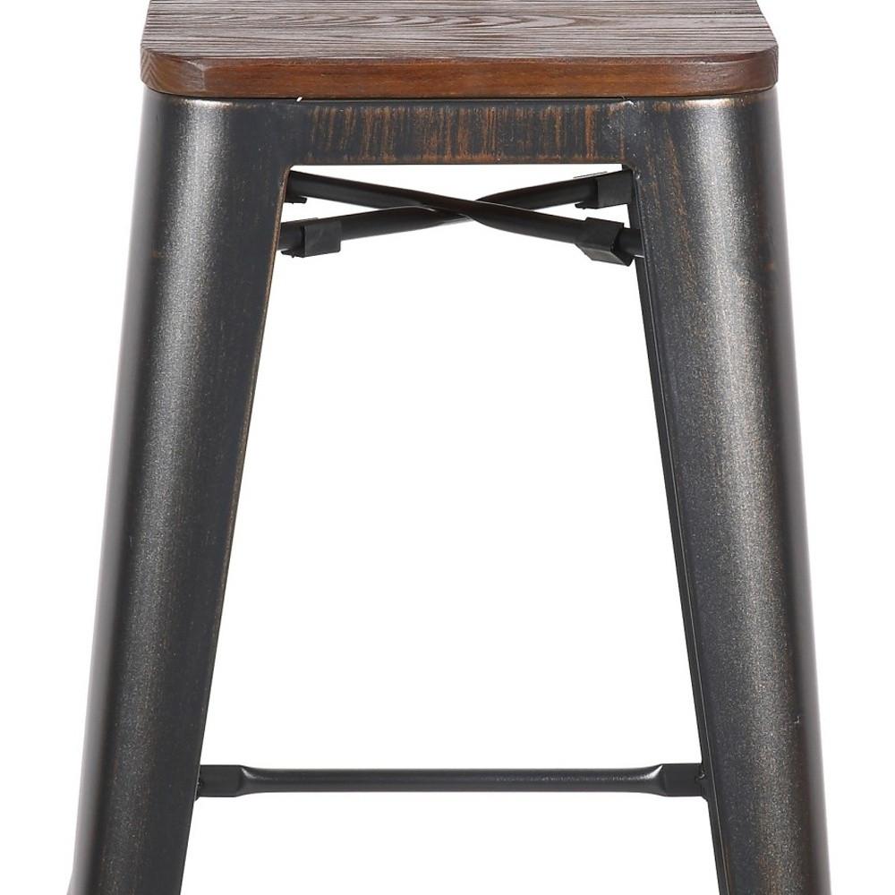 Set of Four Rustic Cafe Wood and Steel Bar Stools