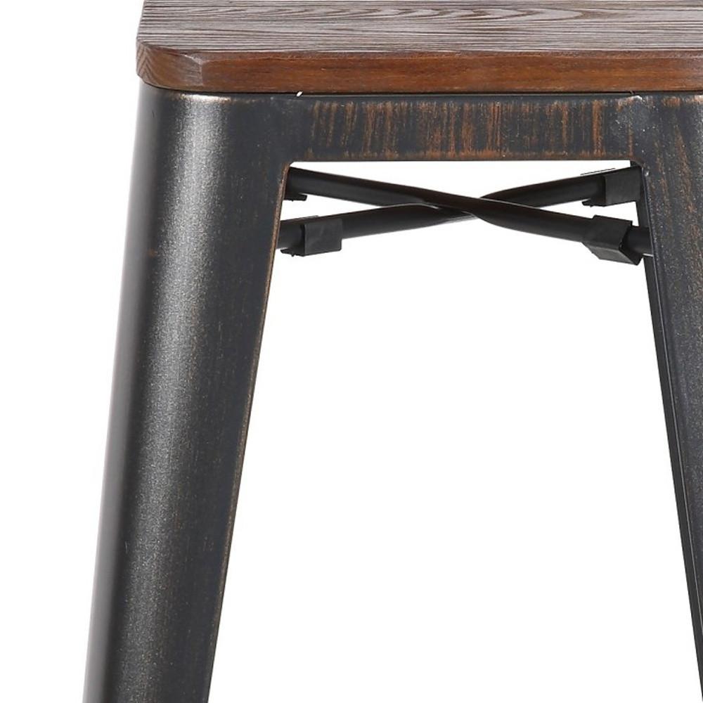 Set of Four Rustic Cafe Wood and Steel Bar Stools