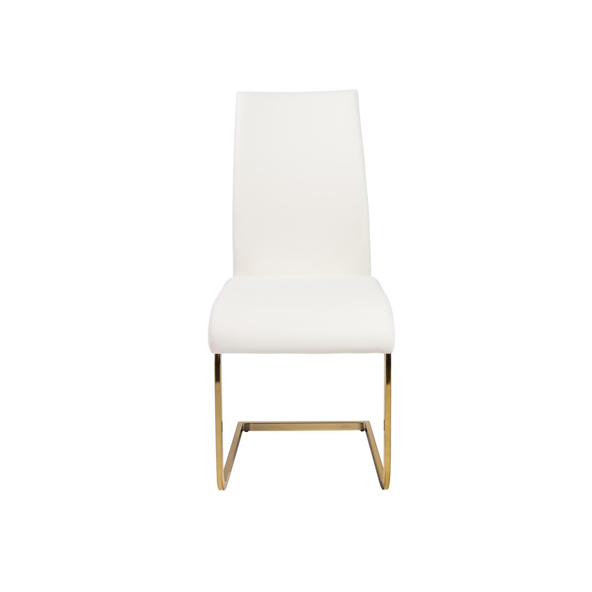 Set of Four White Faux Faux Leather Gold Cantilever Chairs