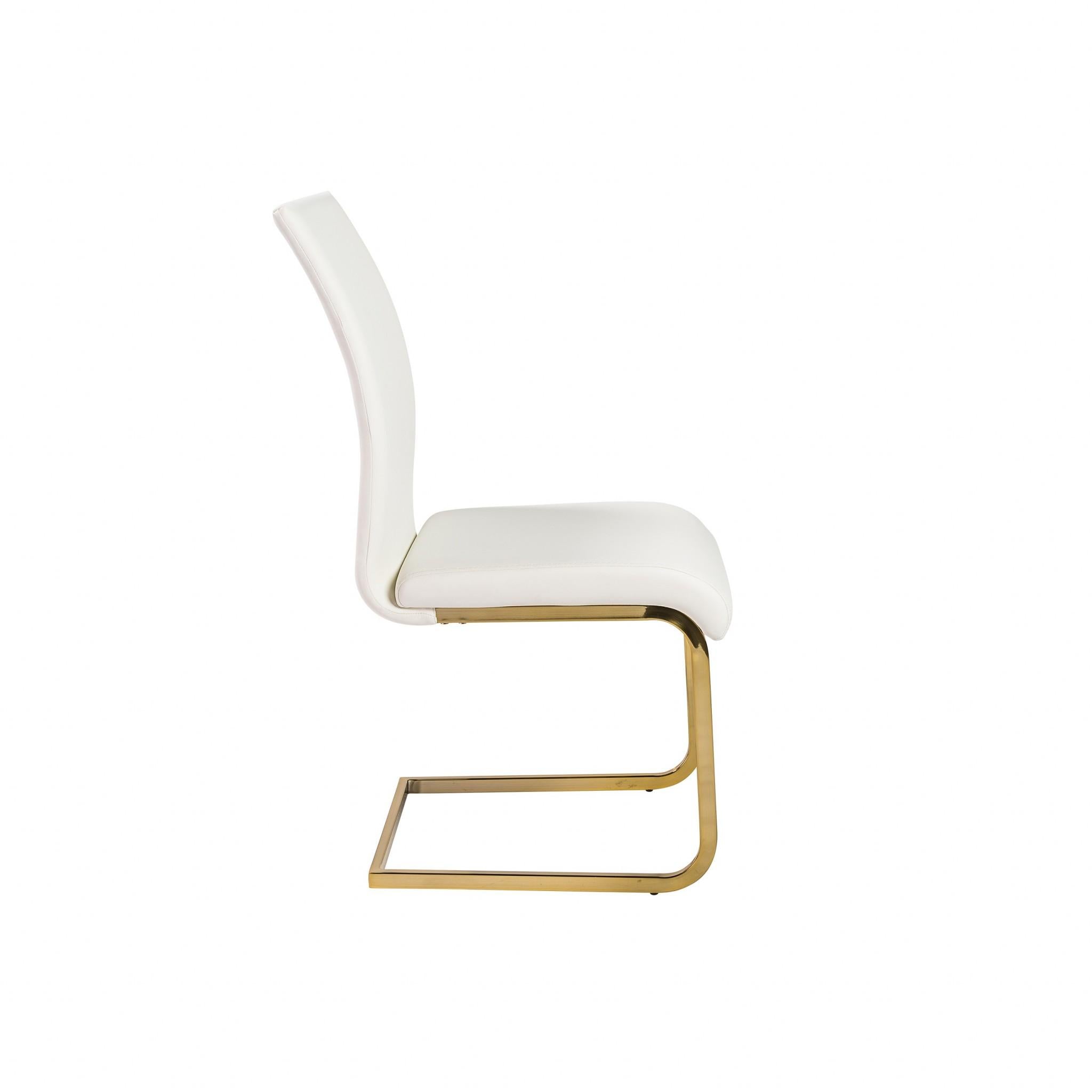 Set of Four White Faux Faux Leather Gold Cantilever Chairs