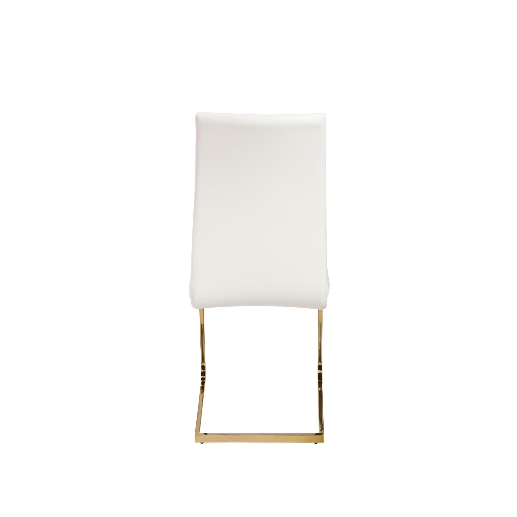 Set of Four White Faux Faux Leather Gold Cantilever Chairs