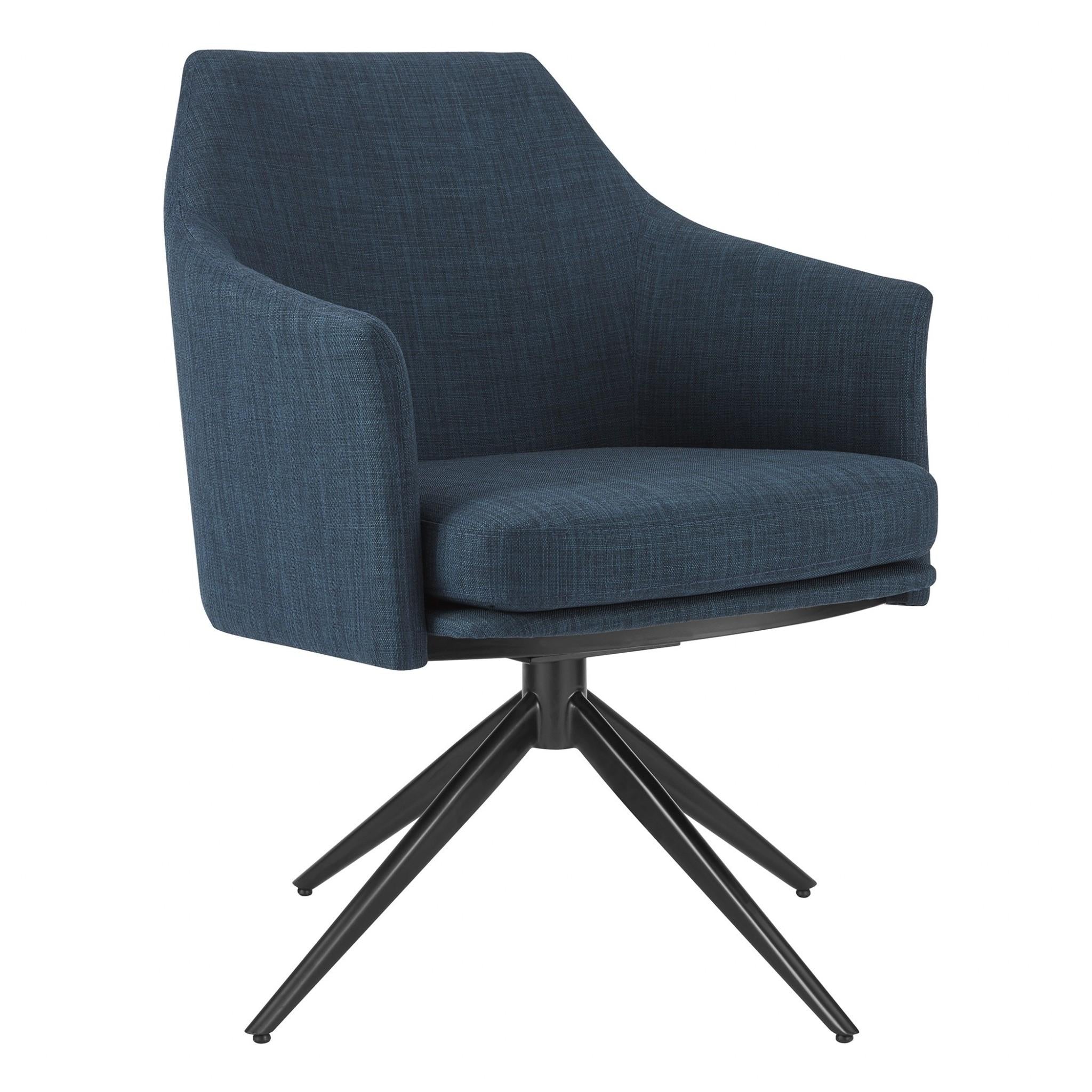 Dark Teal Blue Fabric and Black Swivel Armchair