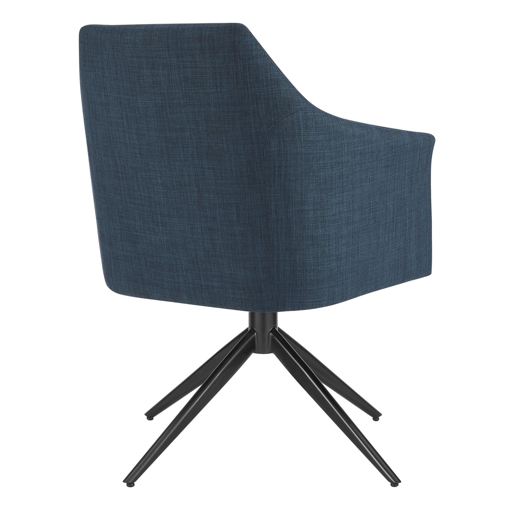 Dark Teal Blue Fabric and Black Swivel Armchair