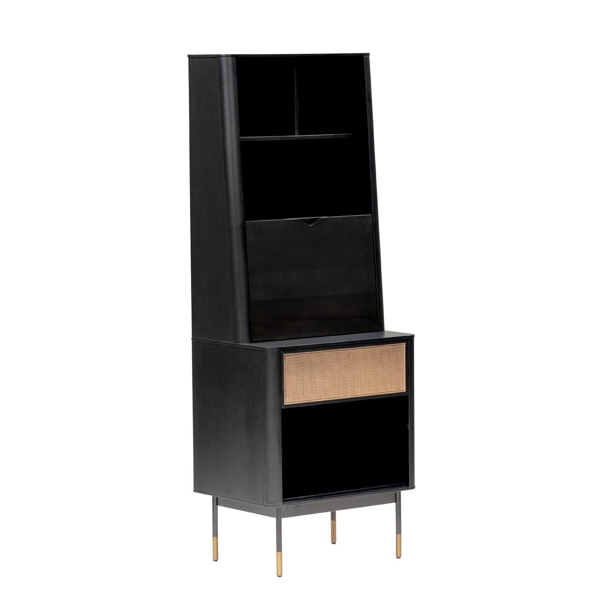 Black Wood and Wicker Tall Accent Cabinet