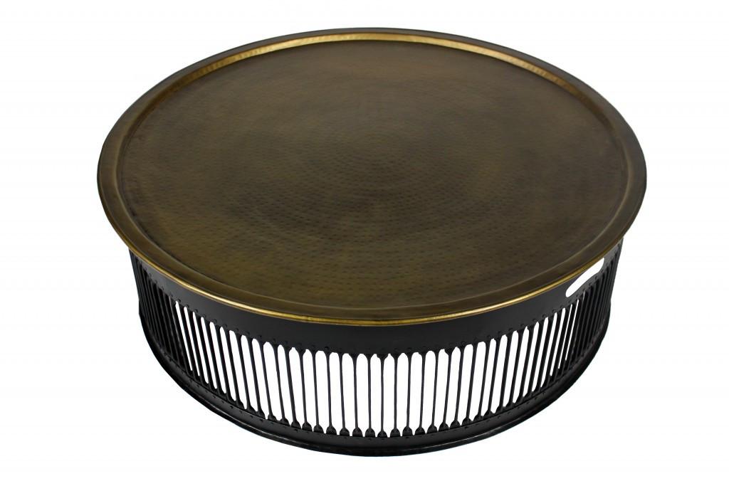 Round Black Drum Shaped Brass Coffee Table