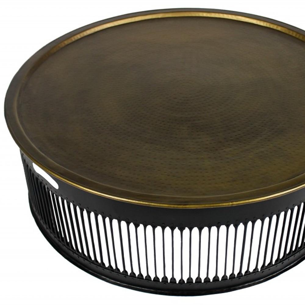 Round Black Drum Shaped Brass Coffee Table