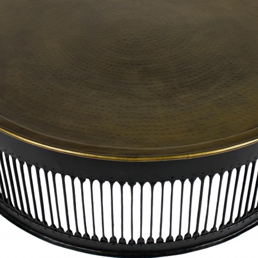 Round Black Drum Shaped Brass Coffee Table