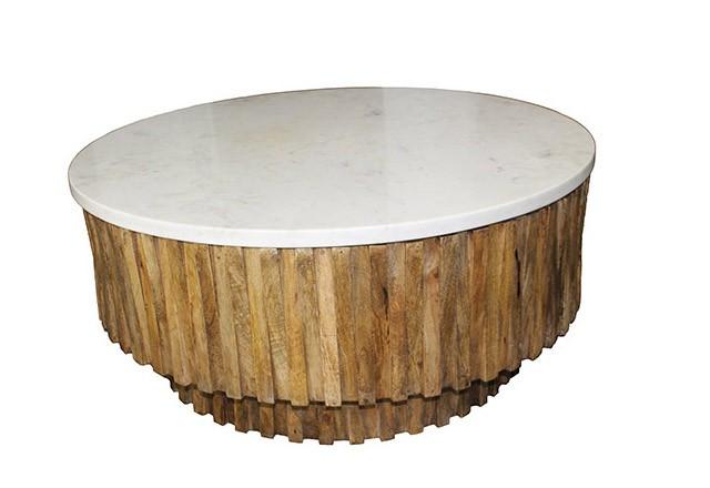 Round Marble Top and Wooden Strips Coffee Table