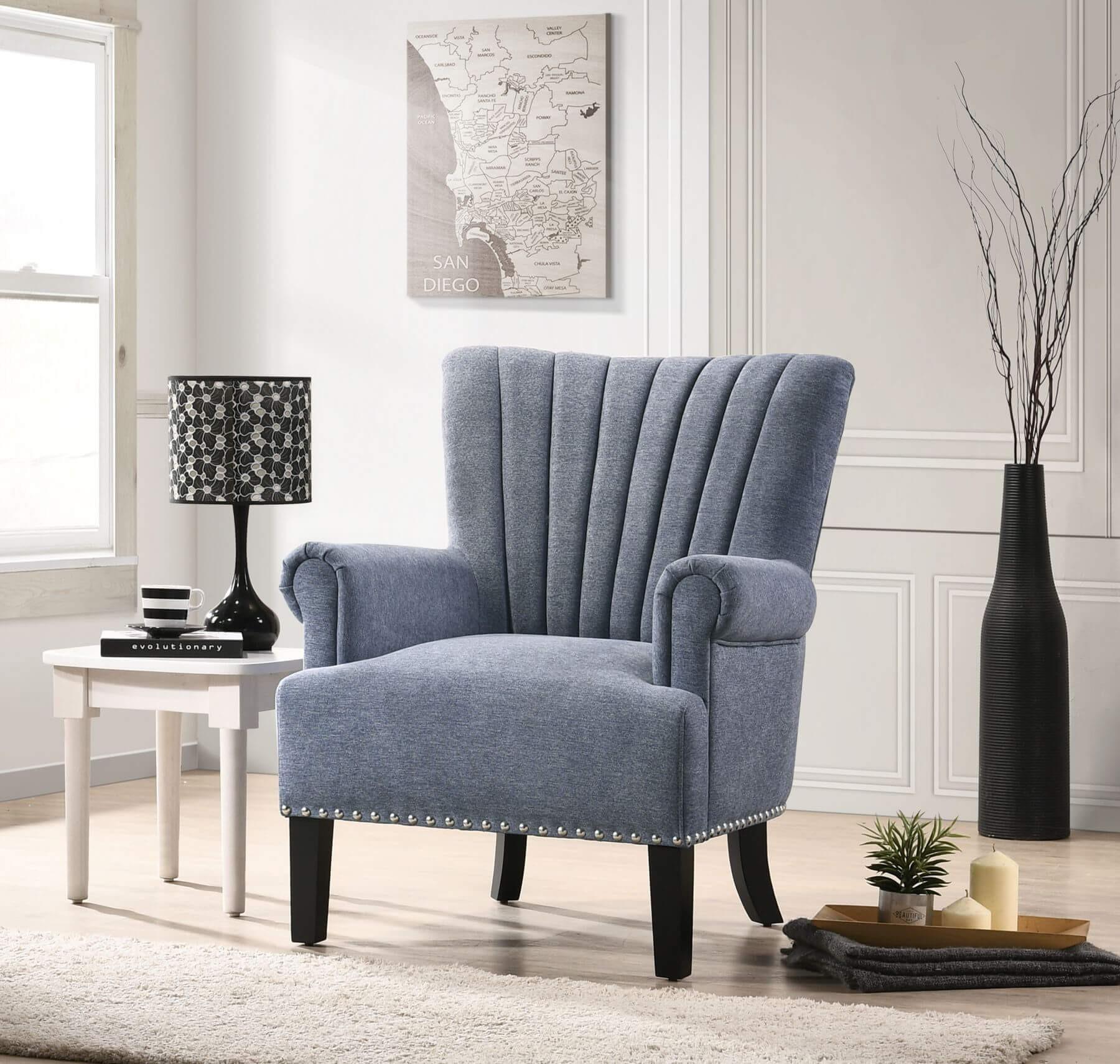 Blue Plumed Channeled Back Comfy Armchair