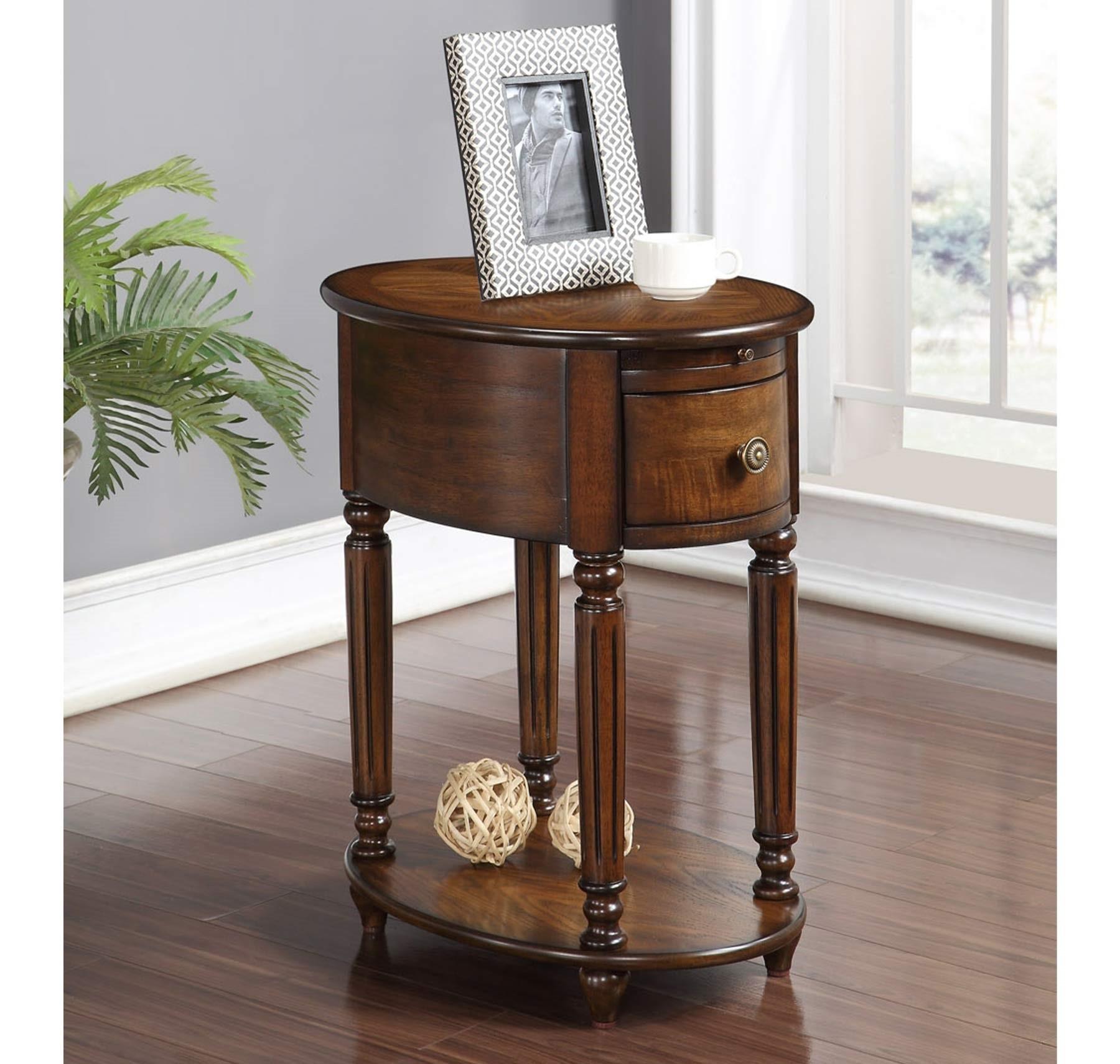 Antiqued Burnished Walnut Oval Wooden End Table