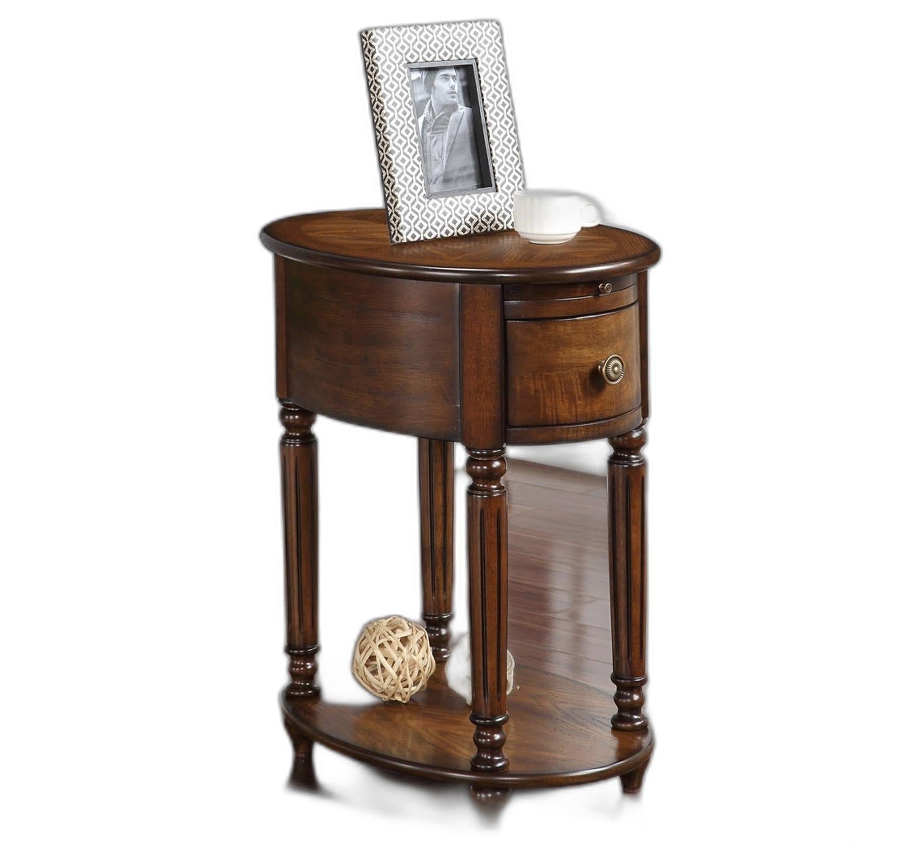 Antiqued Burnished Walnut Oval Wooden End Table