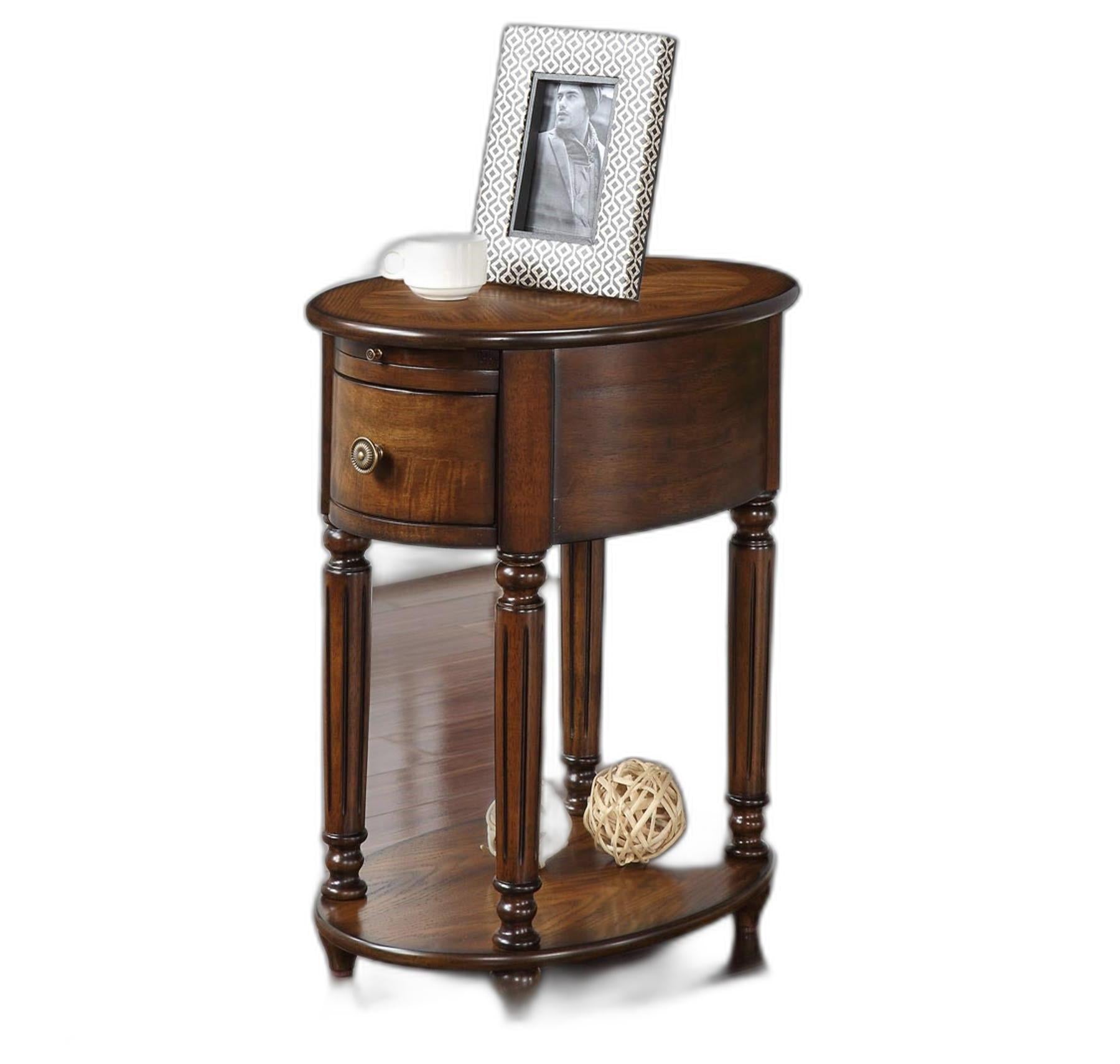 Antiqued Burnished Walnut Oval Wooden End Table