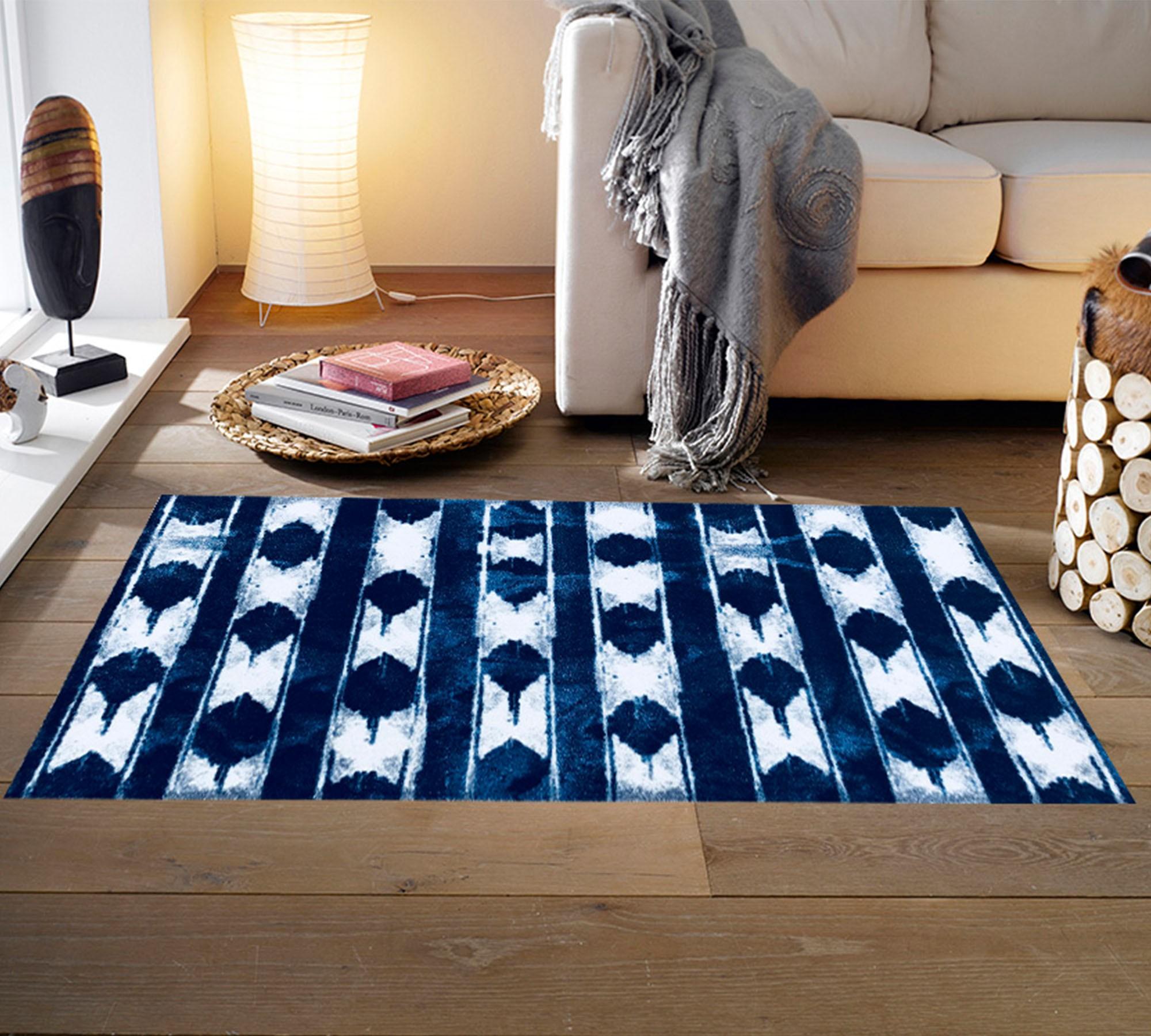 2' x 4' Shades of Blue Abstract Stripes Washable Floor Mat