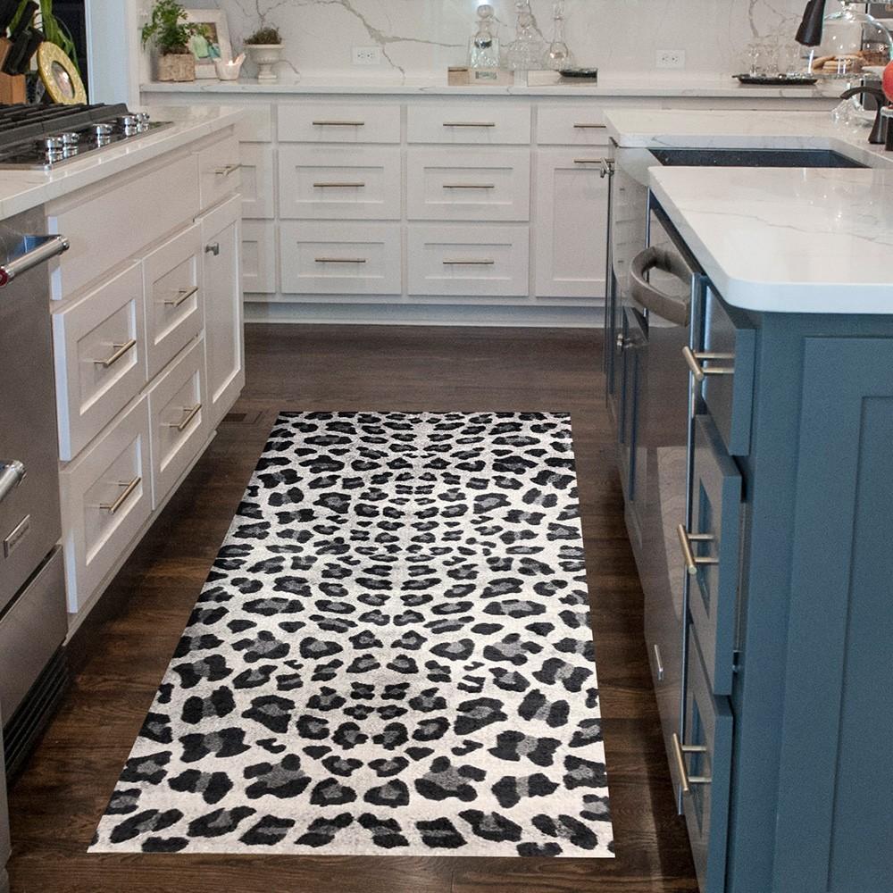 2' x 6' Black and Gray Cheetah Washable Runner Rug