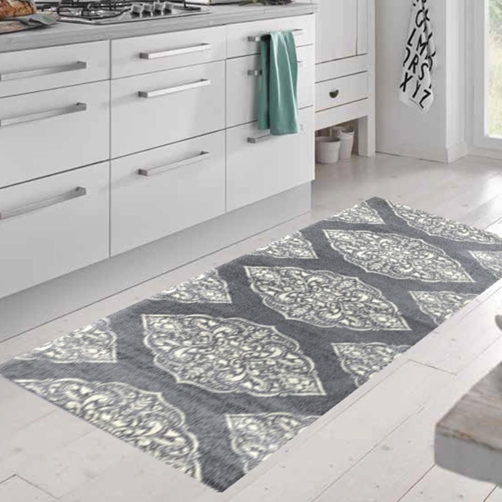 2' x 6' Gray and Ivory Scallop Medallion Washable Runner Rug