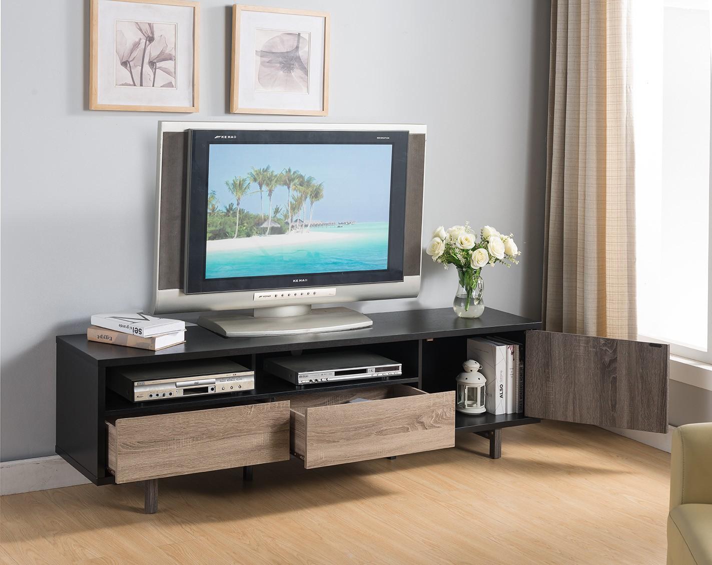 Stylish Black TV Console Cabinet with Dark Taupe and Distressed Grey Accents