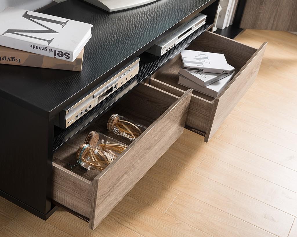 Stylish Black TV Console Cabinet with Dark Taupe and Distressed Grey Accents