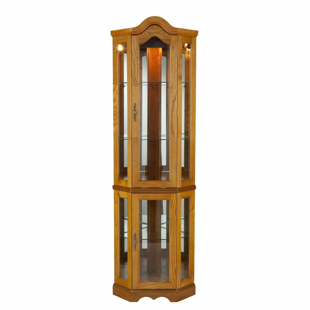 Golden Oak Scallop Top Lighted Corner Curio Cabinet