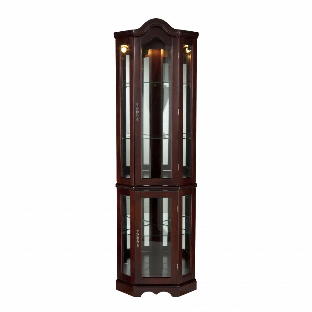 Mahogany Scallop Top Lighted Corner Curio Cabinet