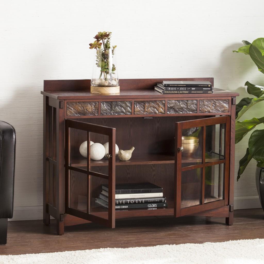 Earthy Mission Style Wood Slate and Glass Low Curio