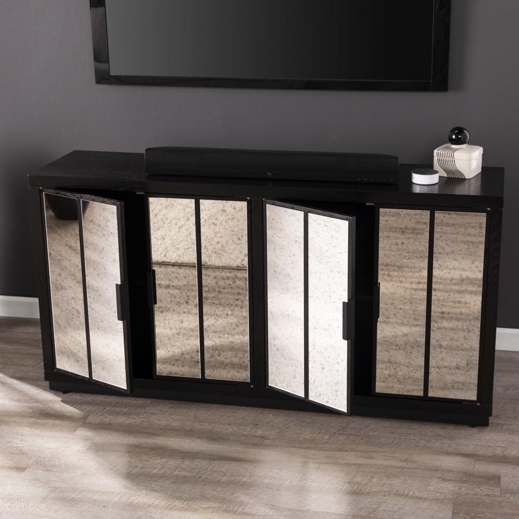 Dramatic Glam Black and Mirror Four Door Storage Cabinet