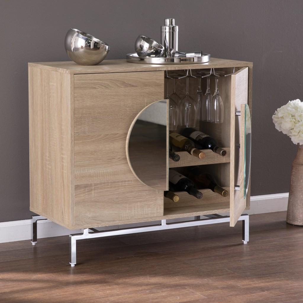 Contemporary Mirrored Circle Double Door Bar Cabinet